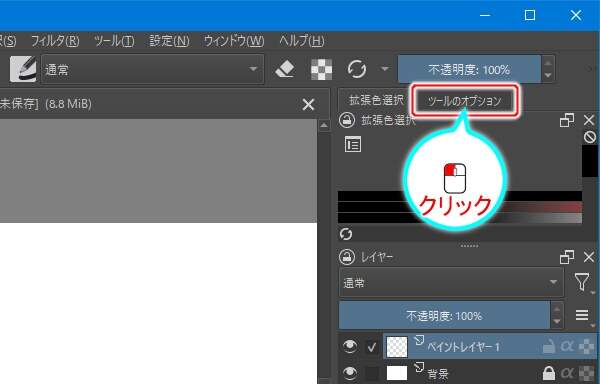 4. ドッキングパネルの "ツールのオプション" のタブをクリック